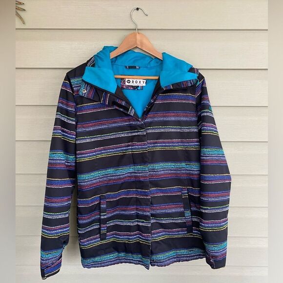 ROXY women’s snow ski winter jacket snowboarding size M striped hooded EUC sz M - Picture 1 of 15